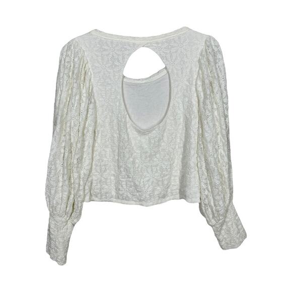 Free People Tea Time Puff Sleeve Lace Top Large New Cream Cut Out Cropped Boho - Picture 4 of 8